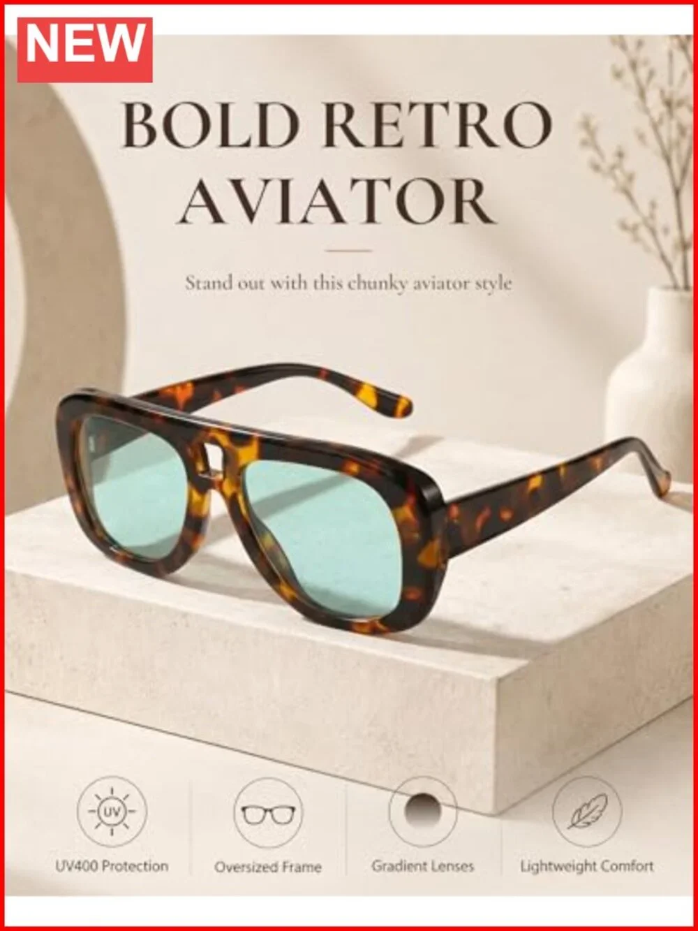 Oversized Retro Aviator Sunglasses with UV400 Protection